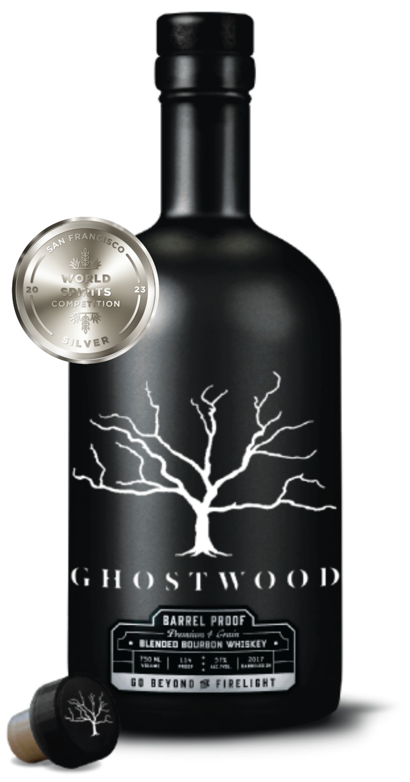 Ghostwood Barrel Proof Black bottle with the San Francisco World Spirits Competition Silver medal